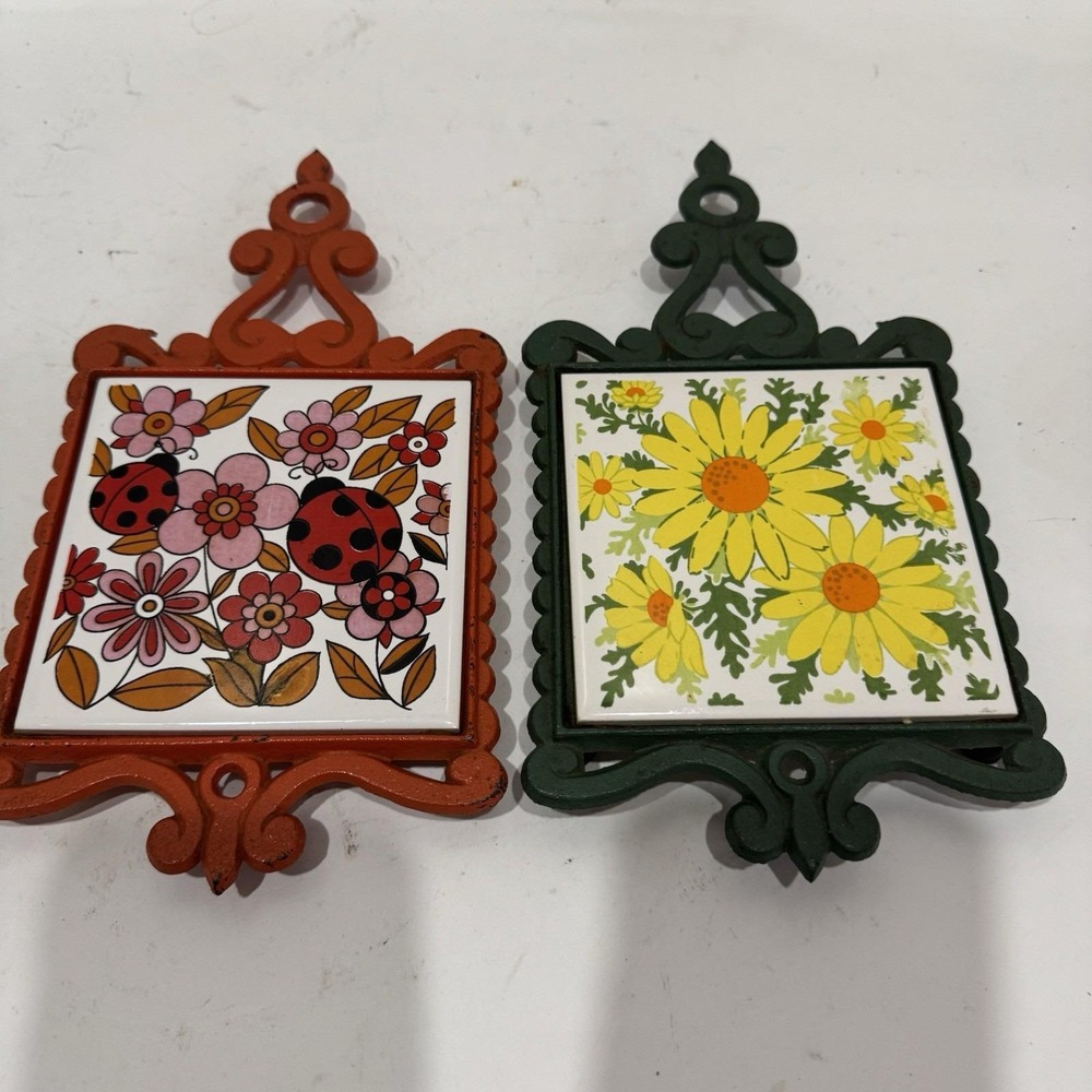 Pair Vtg 70s Ceramic Tile Cast Iron Trivet Green Orange Ladybugs Flowers Japan